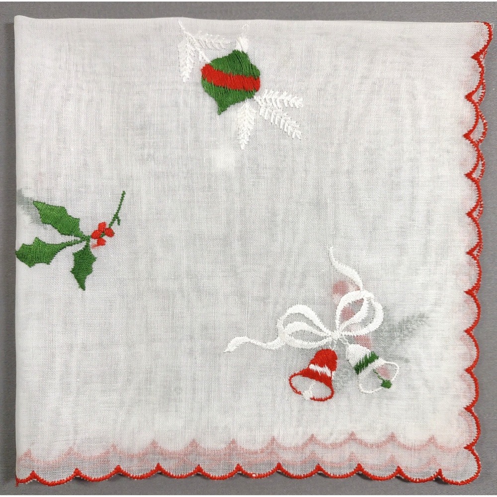 Vtg Christmas Hankie 11.75x12 Embroidered Holly Bells Candy Cane Red Scallop